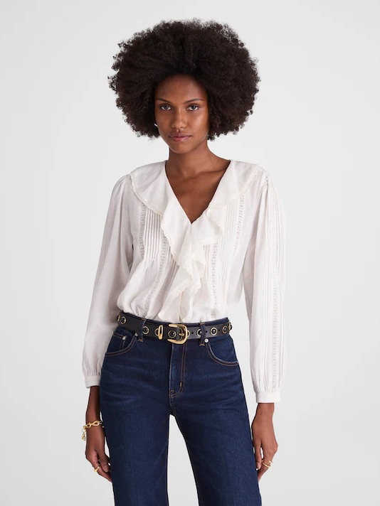 Madewell Lace-Insert Ruffled Pintuck Long-Sleeve Top